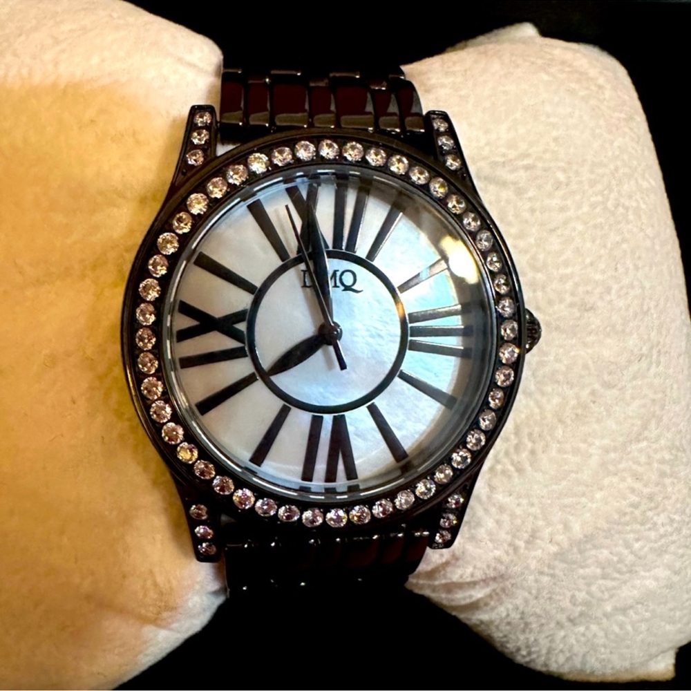 Diamonique Watch .Elegant Black and Silver with Crystal Accents.